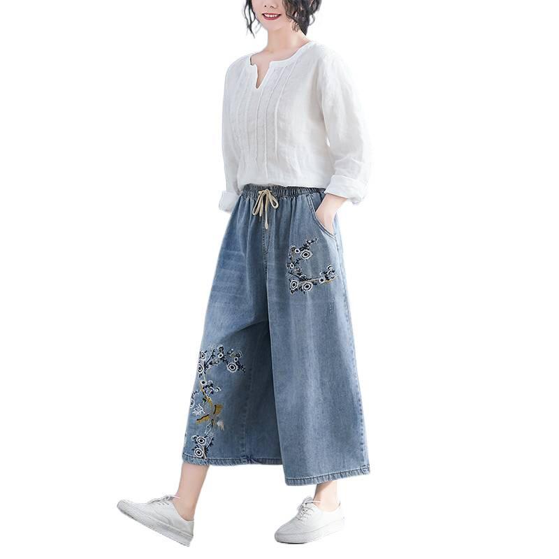 Ethnic Embroidered Flower Wide Leg Pants Women's Skinny Foreign High Waist Jeans Fashion Women Denim Wide Leg Cropped Pants Floral Embroidery Jeans