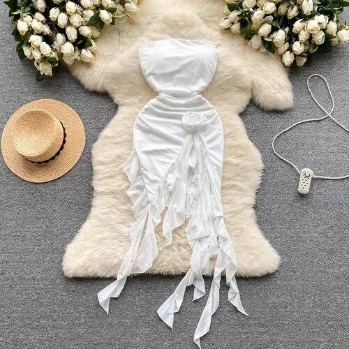 

Элегантное сексуальное платье без бретелек с открытой спиной и высокой талией, с рюшами, с разрезом, сказочное летнее платье для пляжного отдыха, Vestidos, тонкое женское вечерние мини-платье L белый