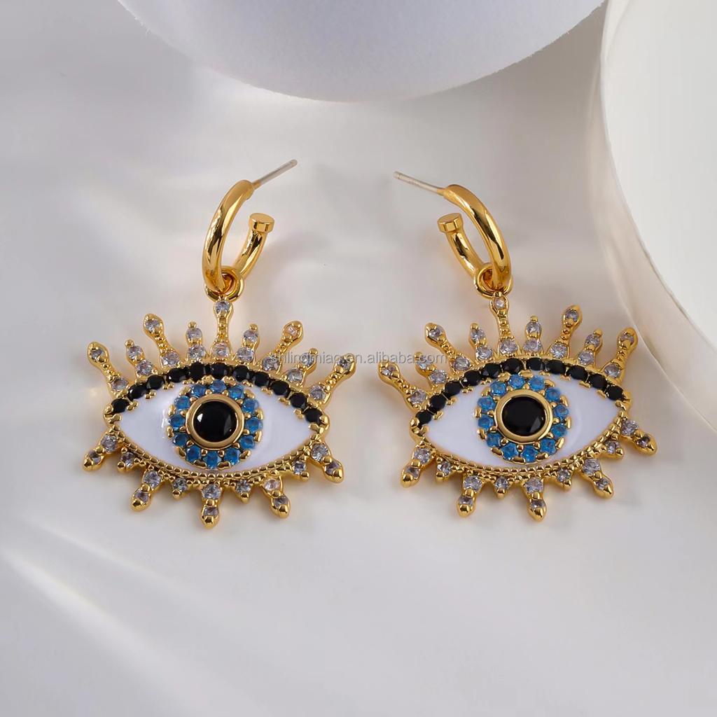 LingMiao Stylish Devil's Eye Stud Earrings 18K Copper Gold-Plated Fashion Drop Design Piercing Jewelry