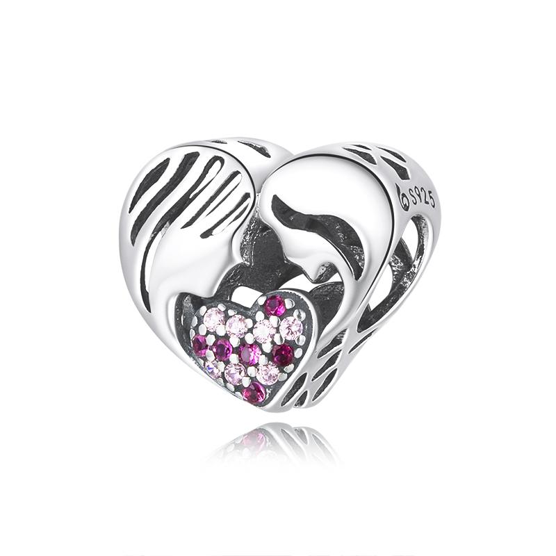 BAMOER 925 Silver Mother & Daughter Bead Affinity Heart Charm for Women Bracelet Bangle DIY Mother's Day Gift BSC687