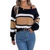 Casual Color Block Autumn Winter Striped Lantern Sleeve Cold Shoulder Metal Buckle Women's Fashion Pullover Sweater