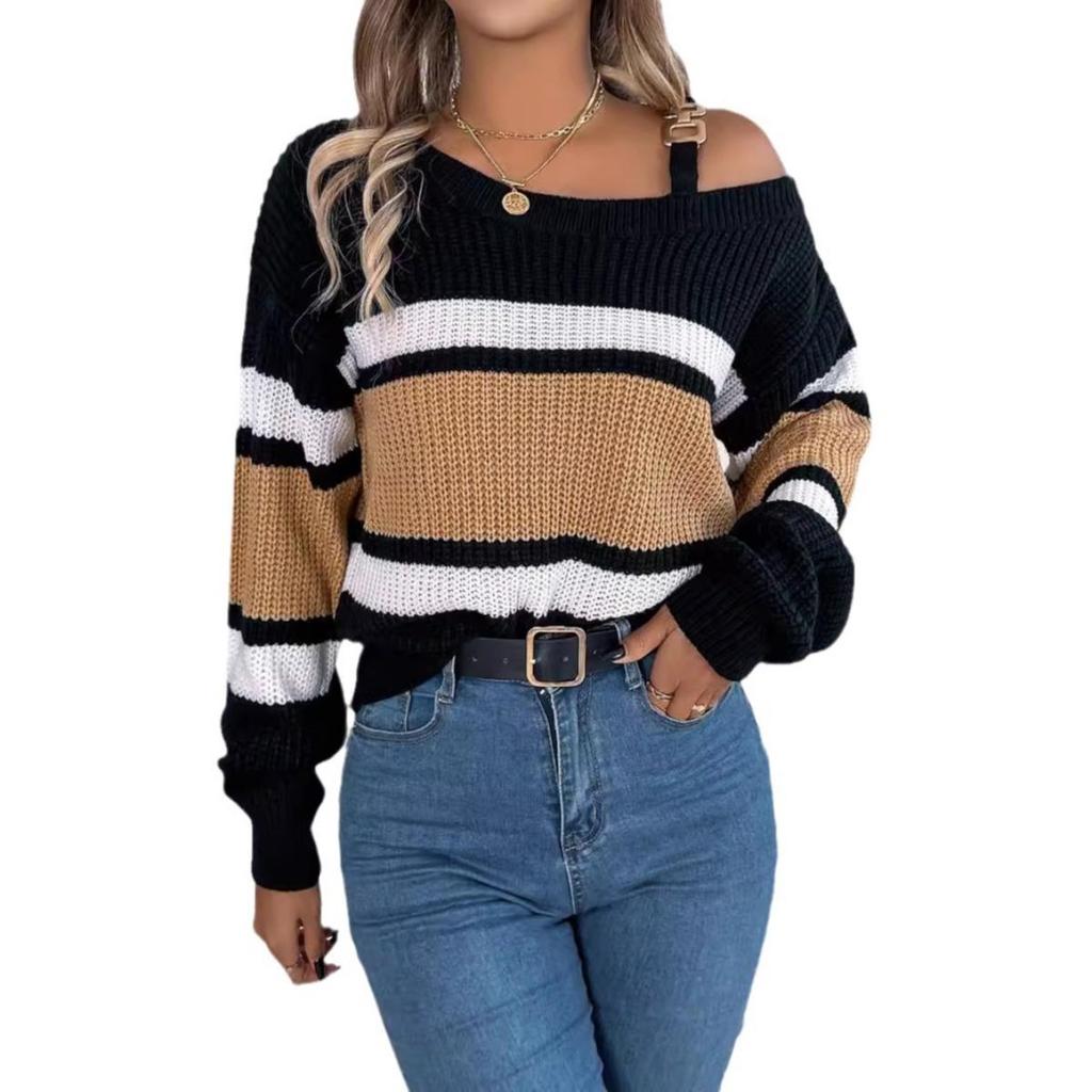 Casual Color Block Autumn Winter Striped Lantern Sleeve Cold Shoulder Metal Buckle Women's Fashion Pullover Sweater