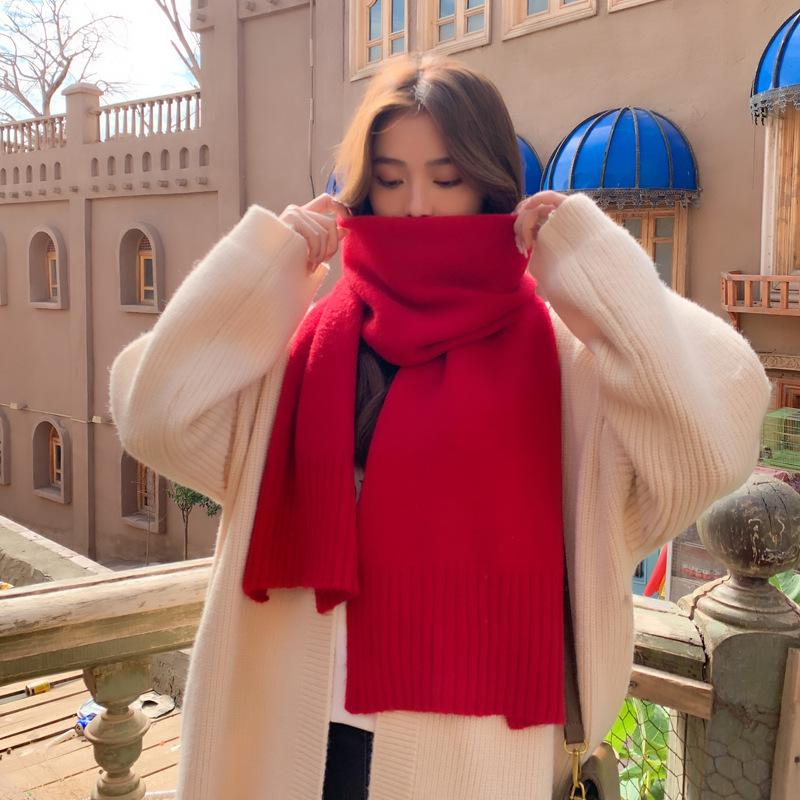 

2022 Простой вязаный шерстяной шарф в корейском стиле: Теплый, универсальный, однотонный цвет для студенток 32*180 cm