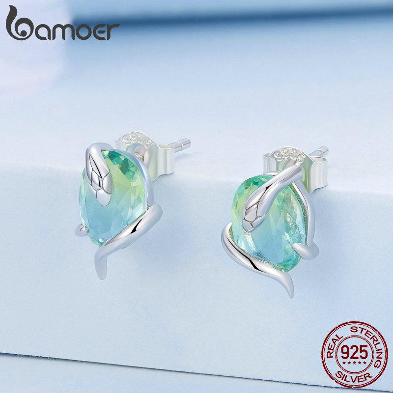 BAMOER 925 Silver Vintage Green Rhinestone Long Snake Earrings Studs Platinum Plated BSE731