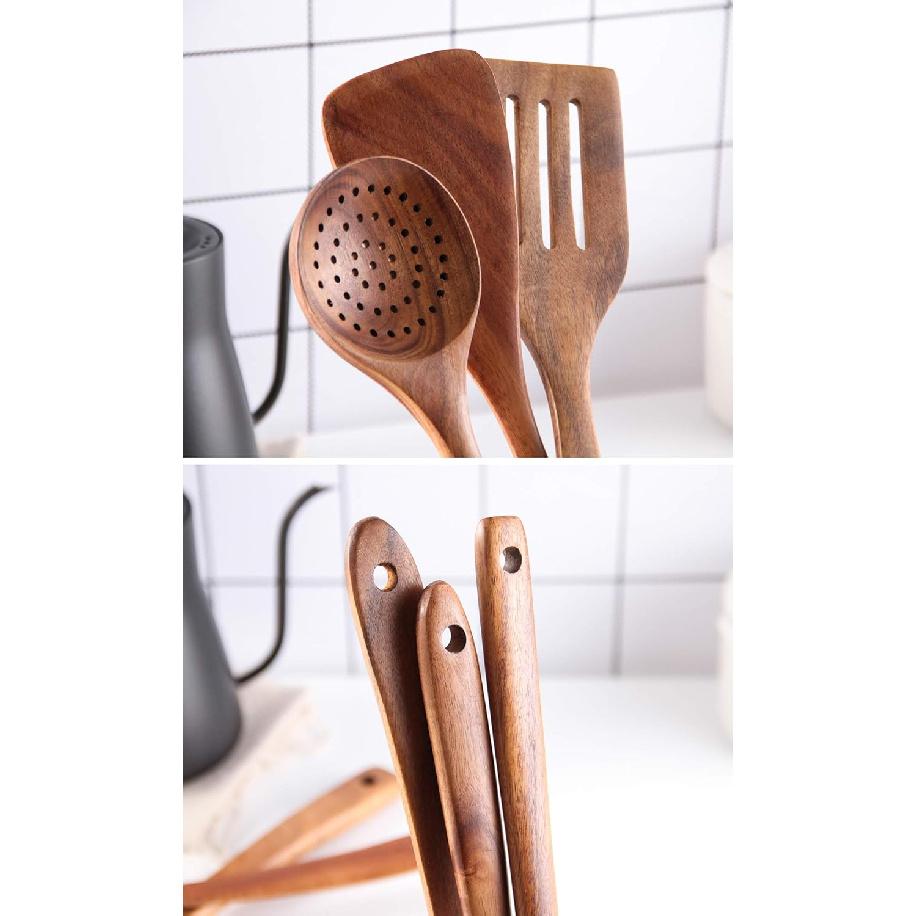 Wooden Spoons for Cooking, Tmkit Cooking Utensils Set of 6 Natural Teak Wooden Cooking Spatulas with Utensils Holder Comfort Grip Wooden Kitchen