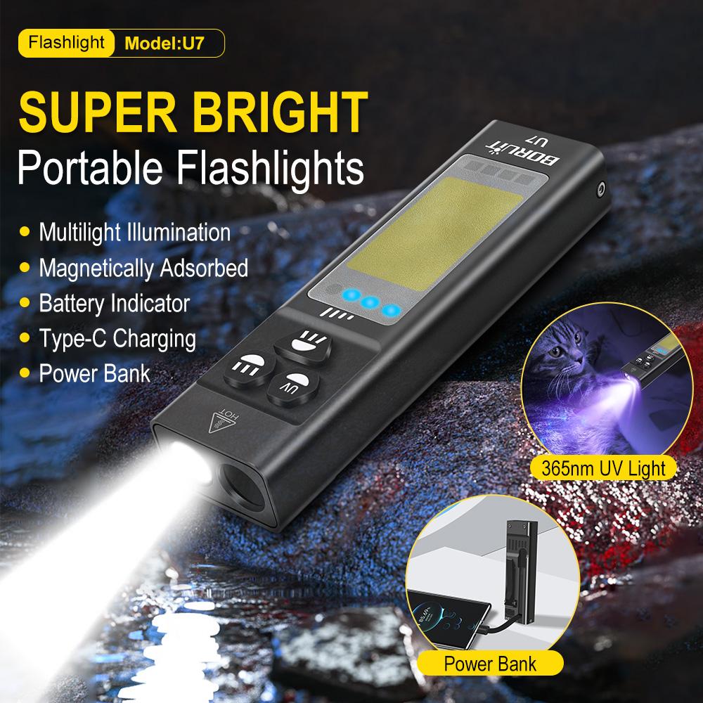 BORUiT U7 Flashlight LED UV Light Spotlight Floodlight Torch Power Bank With Magnetic Back Clip RGB Ambient Light Work Lamp