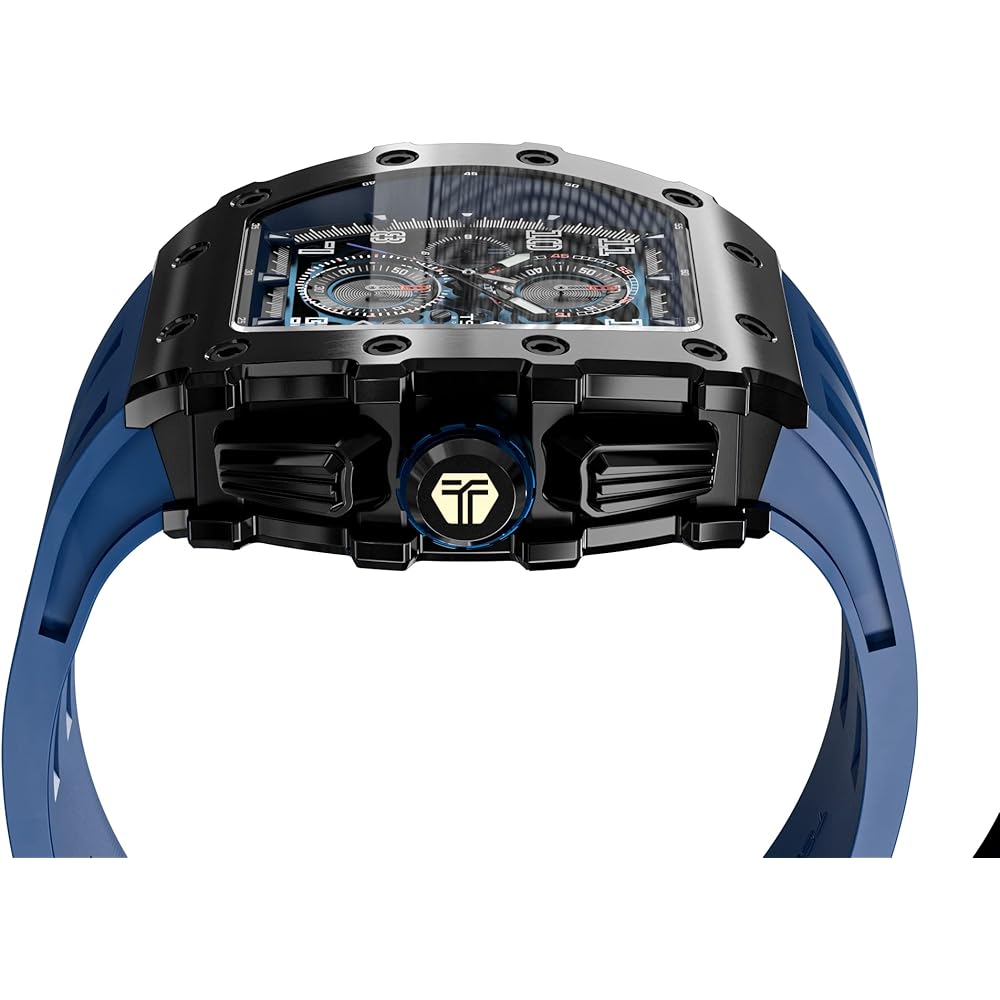Tsar Bomba Men's Classic Tonneau Face Watch 50M Waterproof Sapphire Crystal Silicone Strap Blue 16.8mm Case Thickness