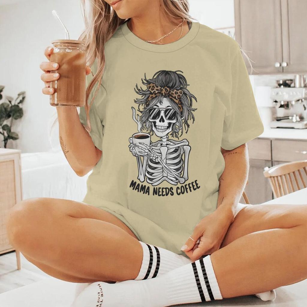 Mama Needs Coffee Vintage Womens Tshirts Fun Skeleton Coffee Print Graphic Short Sleeve T Shirt Casual Coffee Mom Tshirts Gift