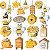 Karenhi 36 Pcs Bee Gnome Wooden Ornament Yellow Honeybee Gnome with Hat Hanging Decor Summer Tree Ornaments with String Bee Themed Party Favors for