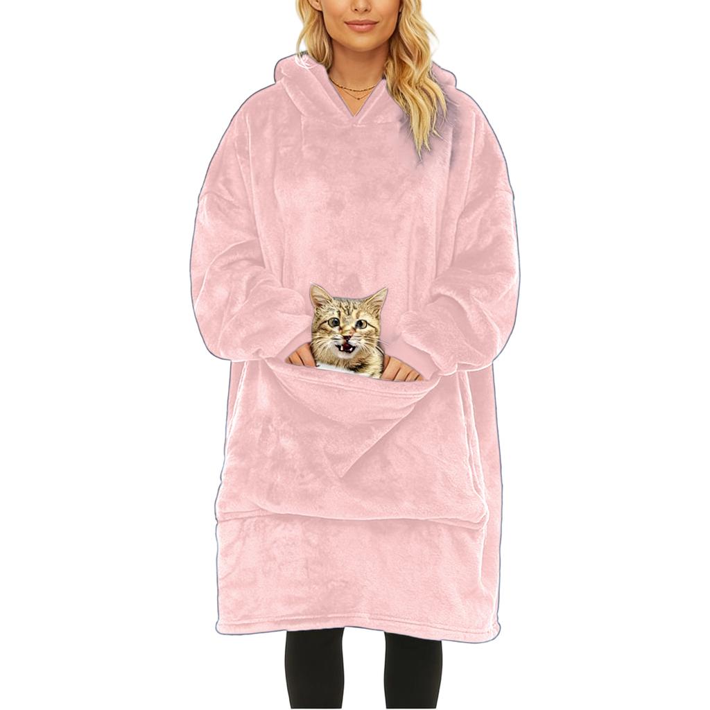 Pyjama/Bademantel aus Flanell mit tragbarer Decke - Kapuze, extra großer, weicher und warmer Kapuzenpullover aus Lammwolle mit extra großer Haustiertasche.