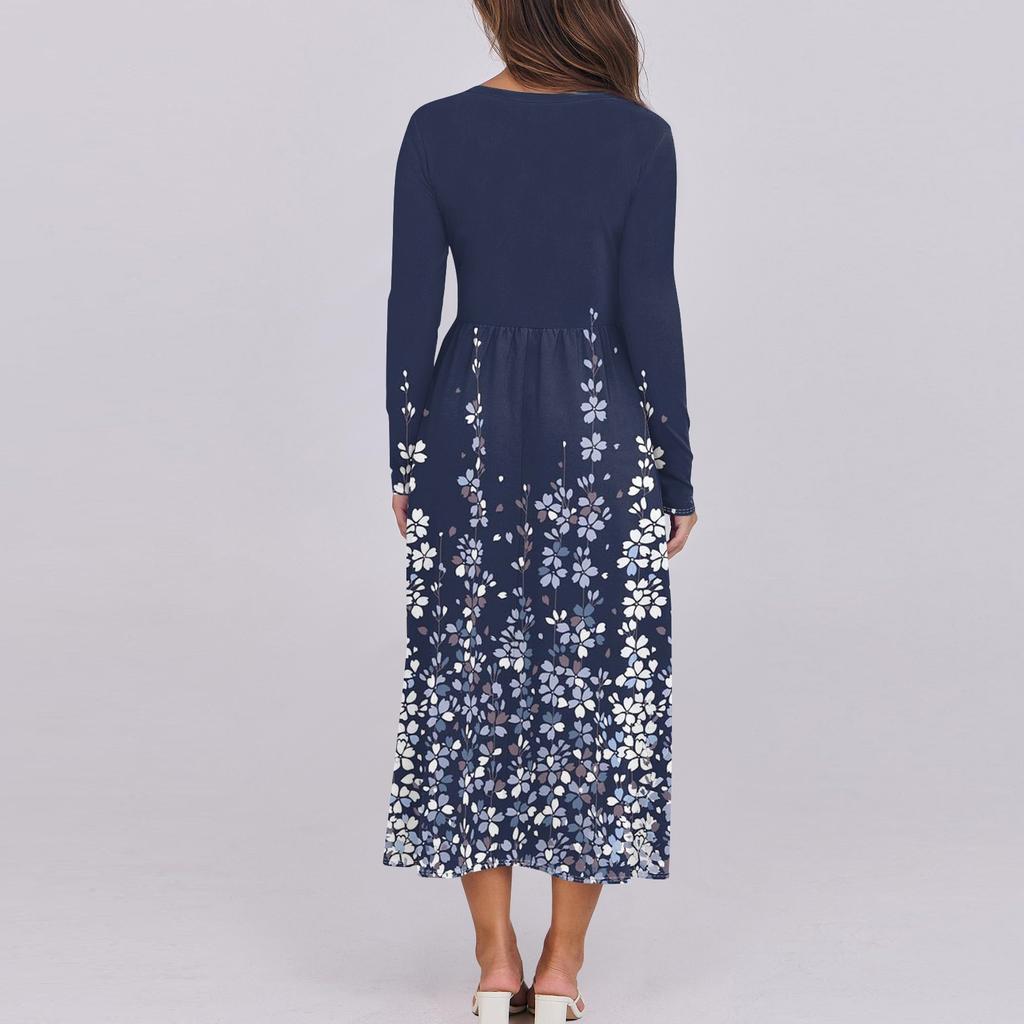 Women's Floral,Gradient Print Midi Boho Dress Casual Long Sleeve Flowy Smocked Dresses With Pocket Holiday Dresses for Women