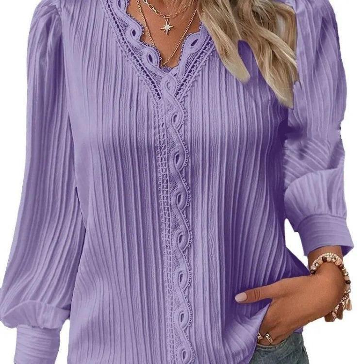 Fashion Lace Patchwork Blouse Elegant Womens White Shirt Long Sleeved V Neck Loose Fitting Office Casual Tops