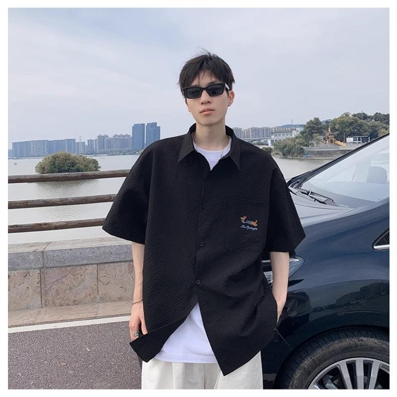 

Men Textured Dog Embroidery Oversized Short Sleeve Shirt Casual Streetwear Summer Top M чёрный