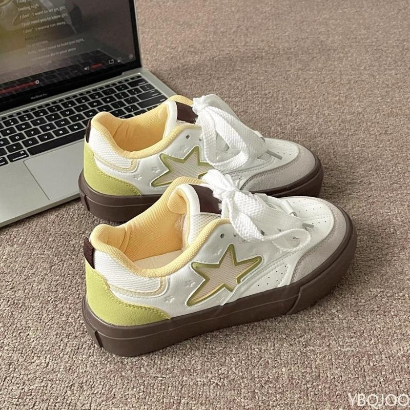 Retro Thick Soled White Shoes for Women's Spring Summer New Round Toe Casual Lace Up Simple Comfortable Women's Board Shoes