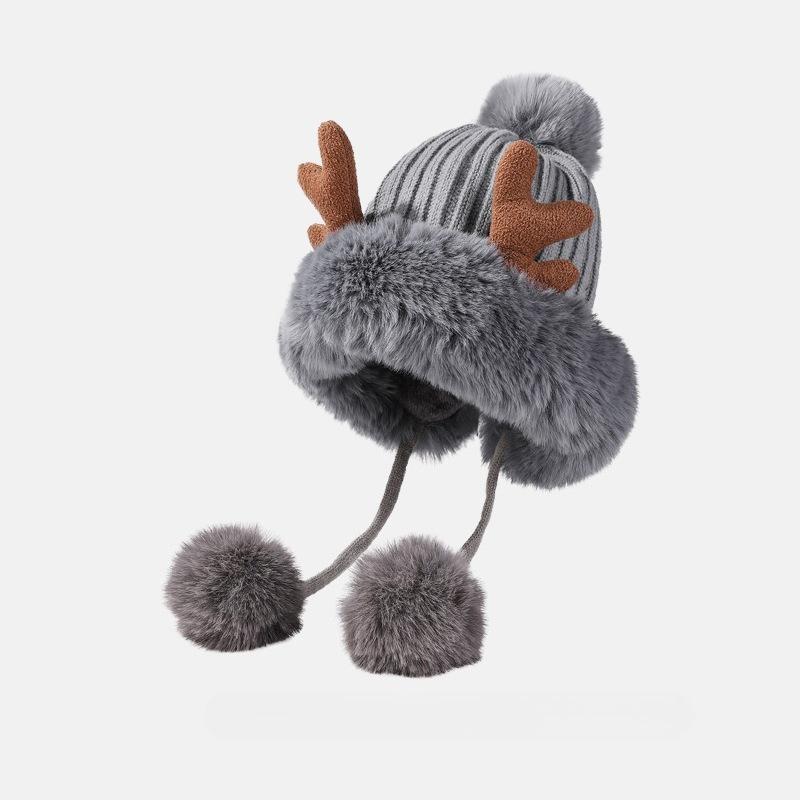 

Winter Hat Ladies Antlers Knitted Pullover Hats Fashion Wild Christmas Cap Spring and Autumn Cold Protection Warm Cycling Caps сірий