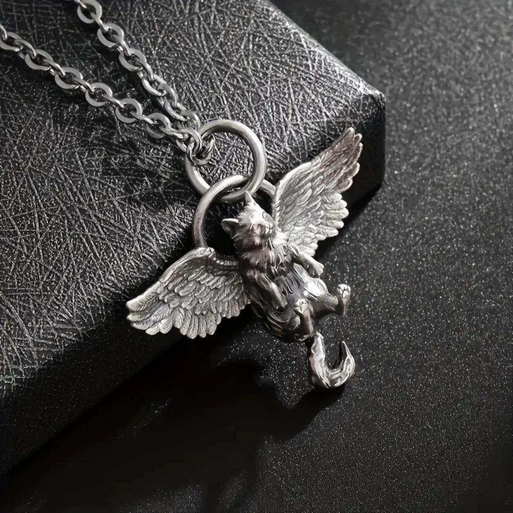Hot Silvery Geometric Angel Cat Pendant Necklace Unisex Unique Trendy Retro Versatile New Gothic Jewelry Gift
