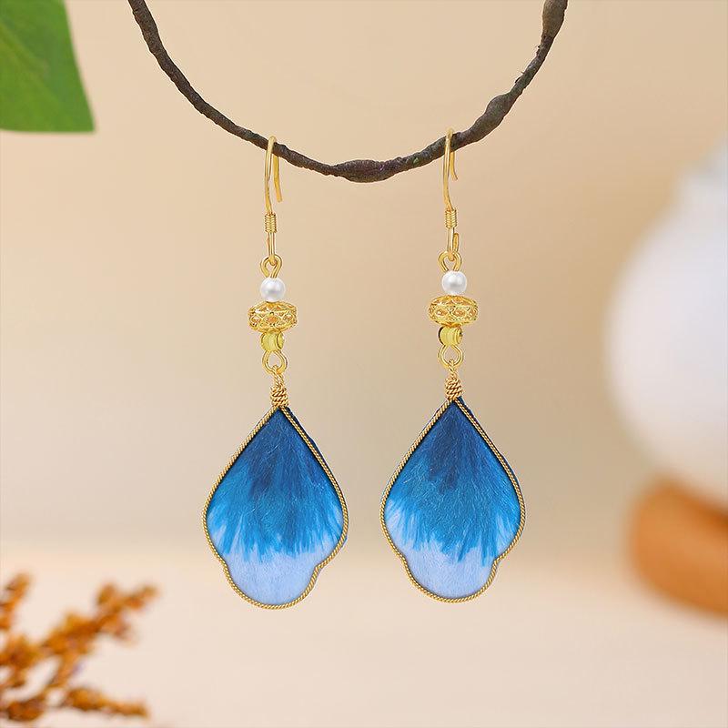 925 Silver Needle Chinese Velvet Flower Enamel Earrings - High-End Women's Qipao Ear Studs