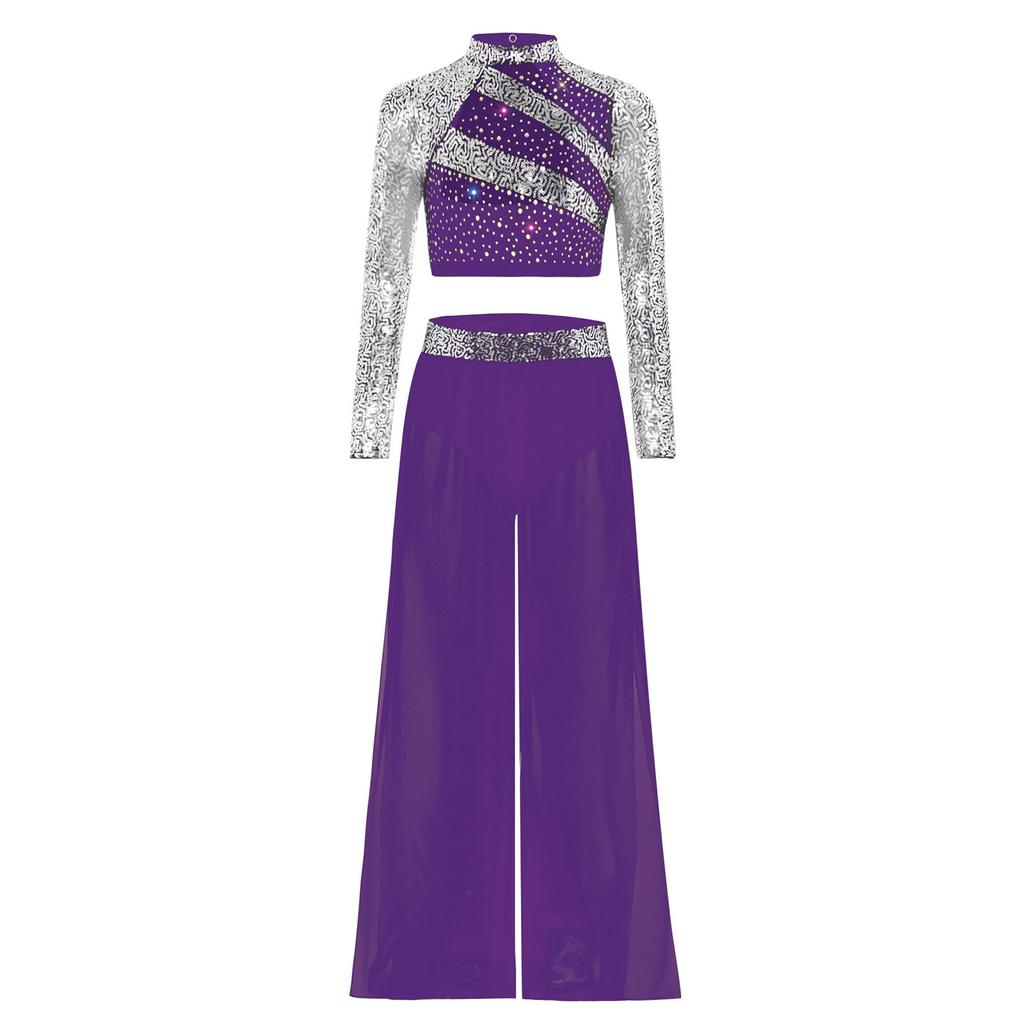 Girls Performance Dance Set Mock Neck Long Sleeve Sequins Crop Top Flowing Chiffon Wide Leg Dance Pants