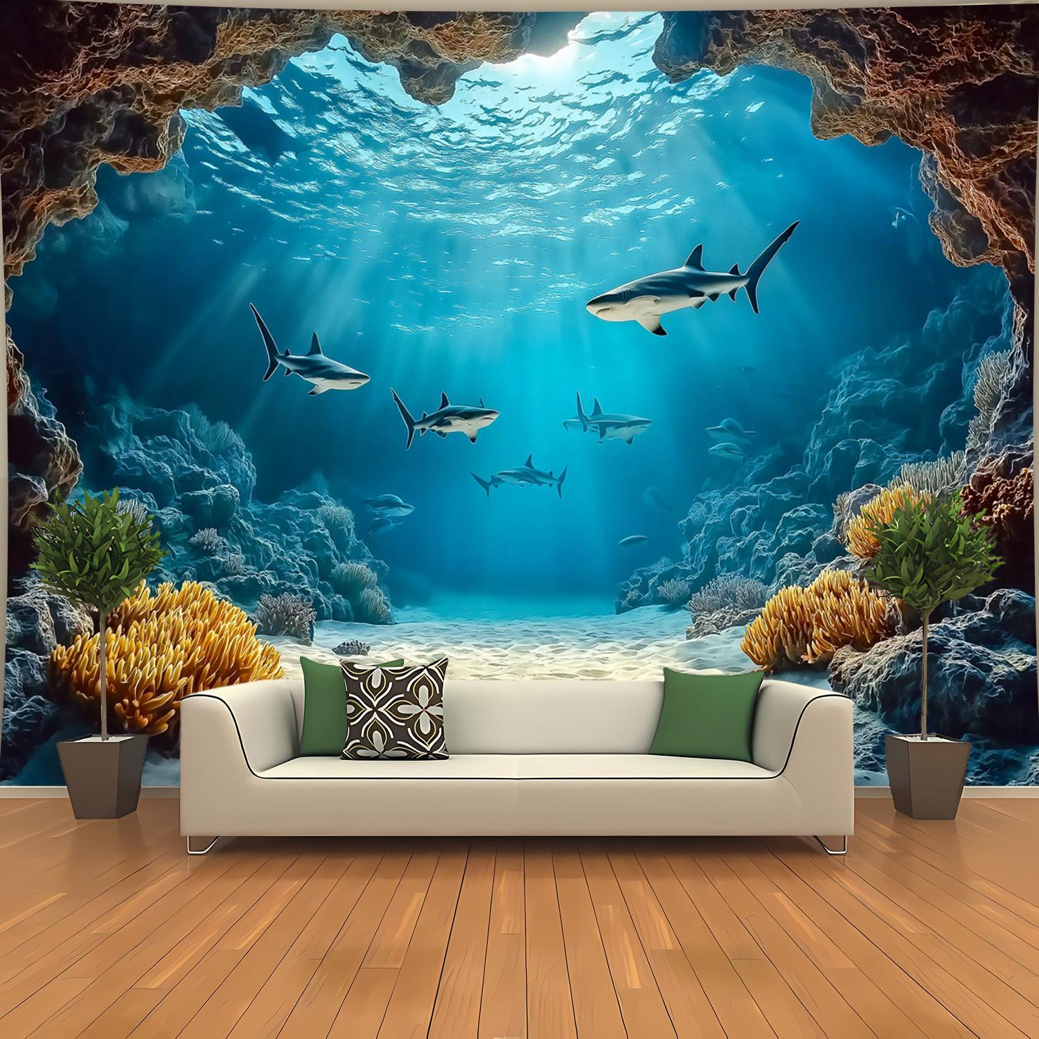 Jmg Household Supplies Unisex Oceanic Serenity Wall Tapestry For Living Room Decor, Featuring A Stunning Underwater Scene With Graceful Sharks Swimming