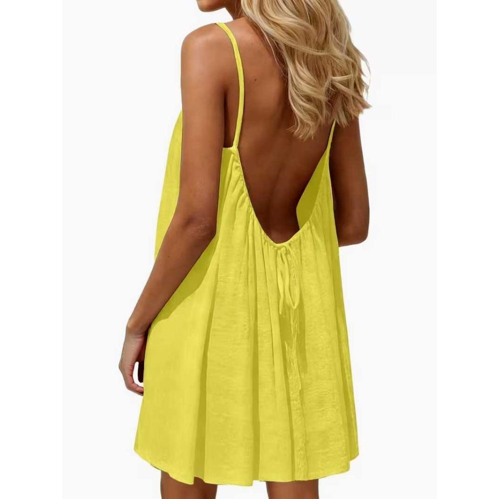 Damen-Rückenfreies Spaghettiträger-Kleid Lässig Lockerer Schnitt Sommer Strand Minikleid