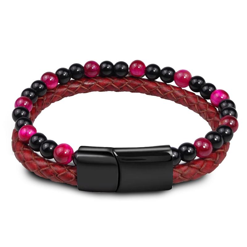 MingAo Mode Grüne Steinperlen Herren Armband Mehrschichtiges Lederarmband Punk Schmuck Edelstahl Magnetverschluss Armreifen
