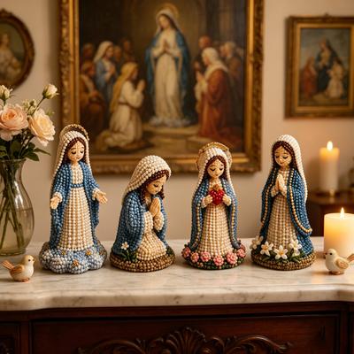 DIY Christian Beading Kit, Cute 4-Pack Tiny Beaded Jesus/Mary DIY Kit, Handmade Mini Faith Beads Craft with Instruction for Beginners, Craft