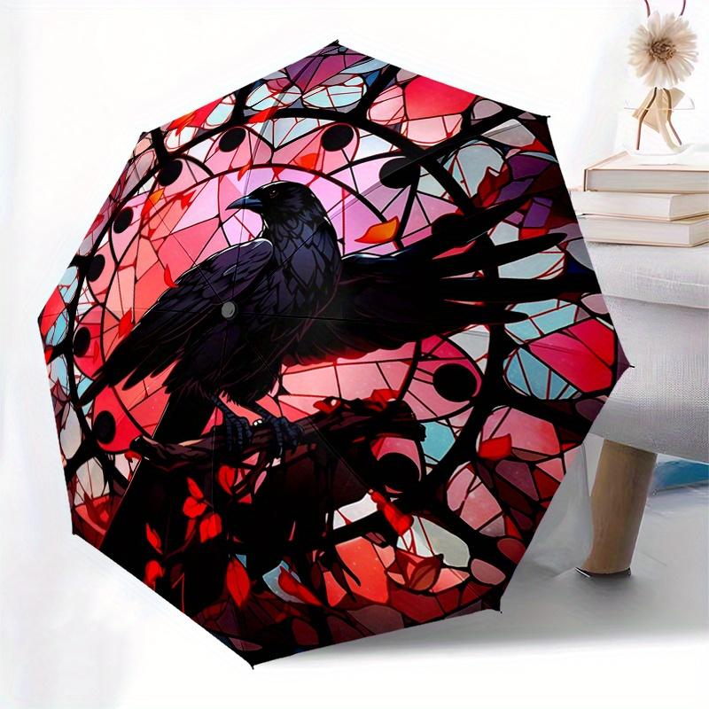 Stained Glass Raven Wall Art Decor - Circular Design with Black Bird on Branch,  Umbrella, Va