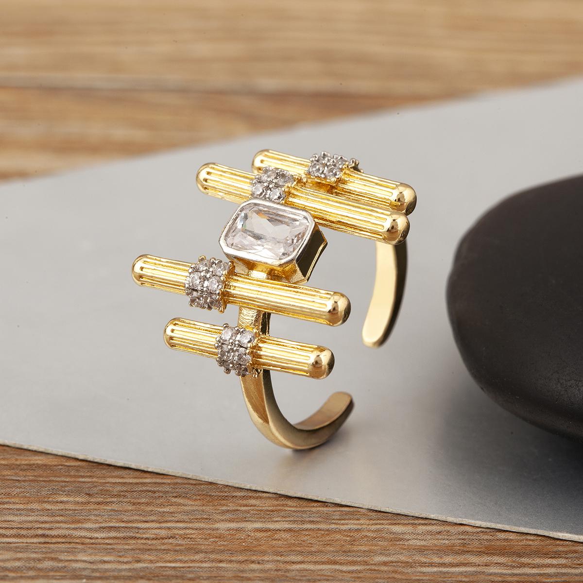 

Nidin Hot Sale Punk Leaf/Railing/Belt Shape Open Rings Adjustable For Women Men Copper Zircon Two-tone Plating Finger Jewelry resizable