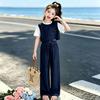 Kids' Korean Style Summer Sportswear Set: Patchwork Two-Piece with Loose Short Sleeve Top & Long Pants