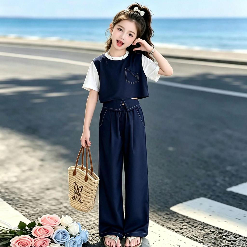Kids' Korean Style Summer Sportswear Set: Patchwork Two-Piece with Loose Short Sleeve Top & Long Pants