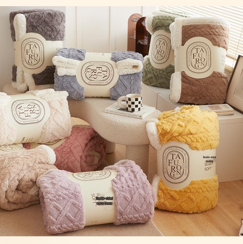 Verdickte Taft & Lamm-Korallenfleece-Decke für Sofa/Büro/Bett