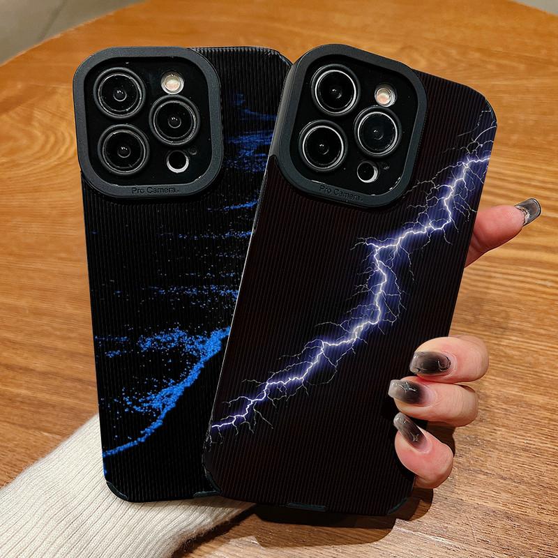 Vertical Grain Leather Shell Flashlight Blue Sea Printed Patterned Shockproof Soft Silicone Case with Camera Lens Full Protection for iPhone