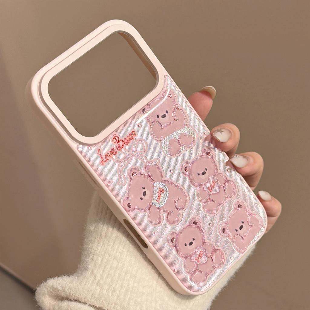 Gilded Apple17promax Phone case16Epoxy13Applicable iPhone15Pink Bear Plush Toy Huawei Samsung