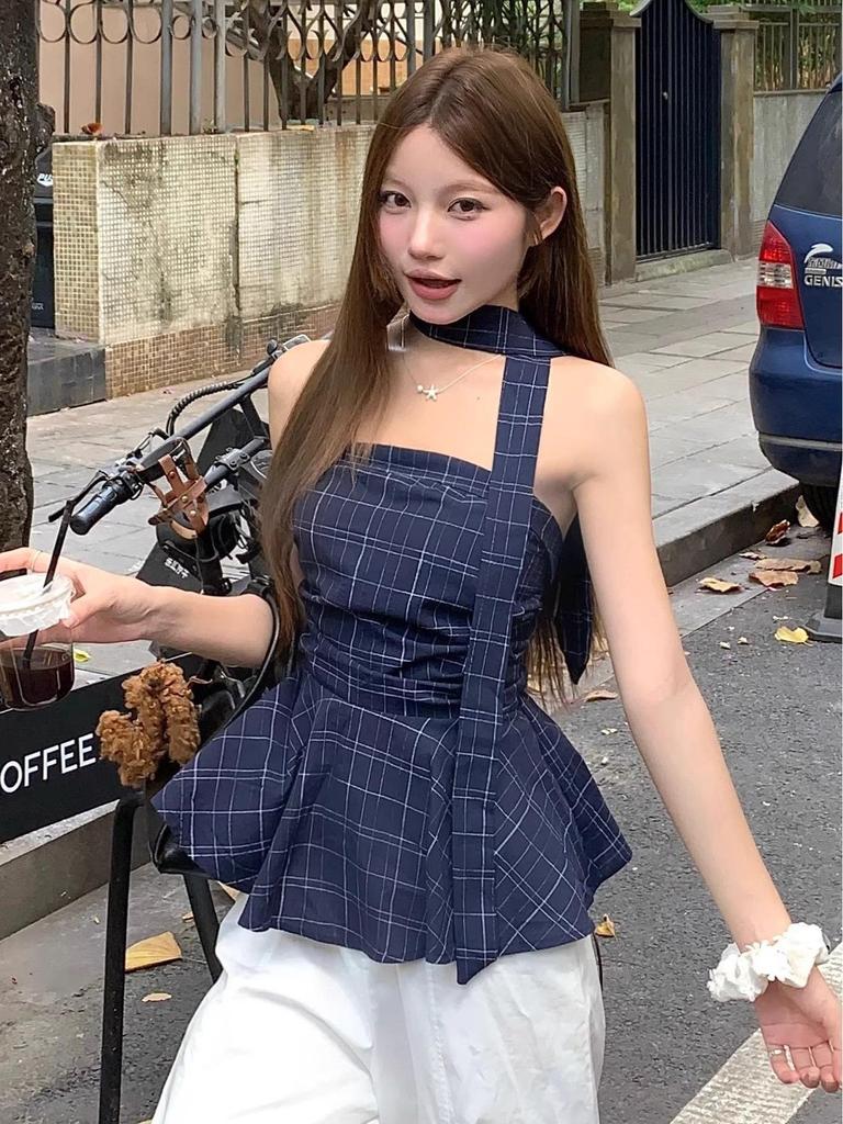 Women's Korean Style Grid Pattern Bandeau Tank Top - Slim Fit, Sleeveless Summer Fashion