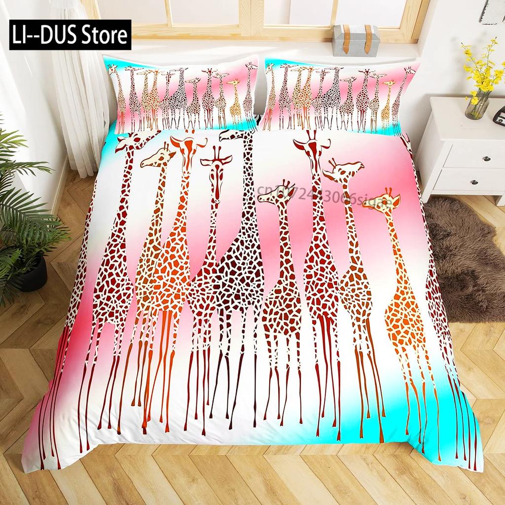 Cute Giraffe Bedding Set Full Size 3pcs with 1 Duvet Cover 2 Pillowcases Animal Bedding Set for Kids Boys Girls Room Decoration