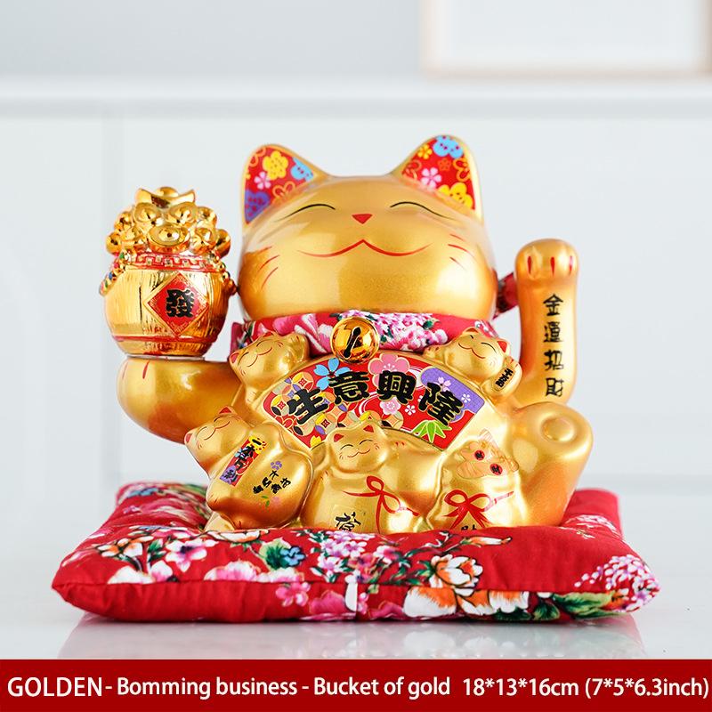 7 Inch Fortune Cat with Waving Arm Ceramic Maneki Neko Feng Shui Ornament Lucky Cat for Shops, Restaurant, Home Table Decoration