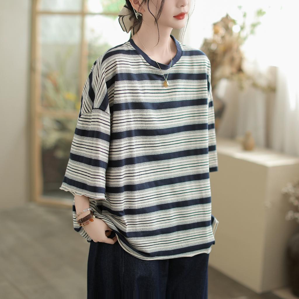 DIMANAF 2025 Summer T-shirt Women Spliced Stripe Printing Short Sleeve Loose Black