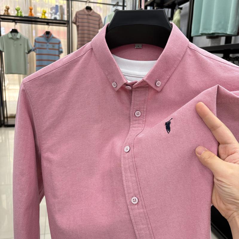 Men s Autumn Solid Color Embroidered Cotton Long Sleeve Shirt Large