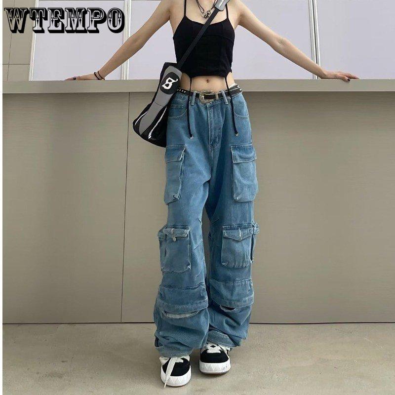 Blau gewaschene Cargohose mit mehreren Taschen, Y2k-Retro-High-Street-Mode, hohe Taille, Jeans, Paar, Harajuku, einfache lässige Hose mit weitem Bein