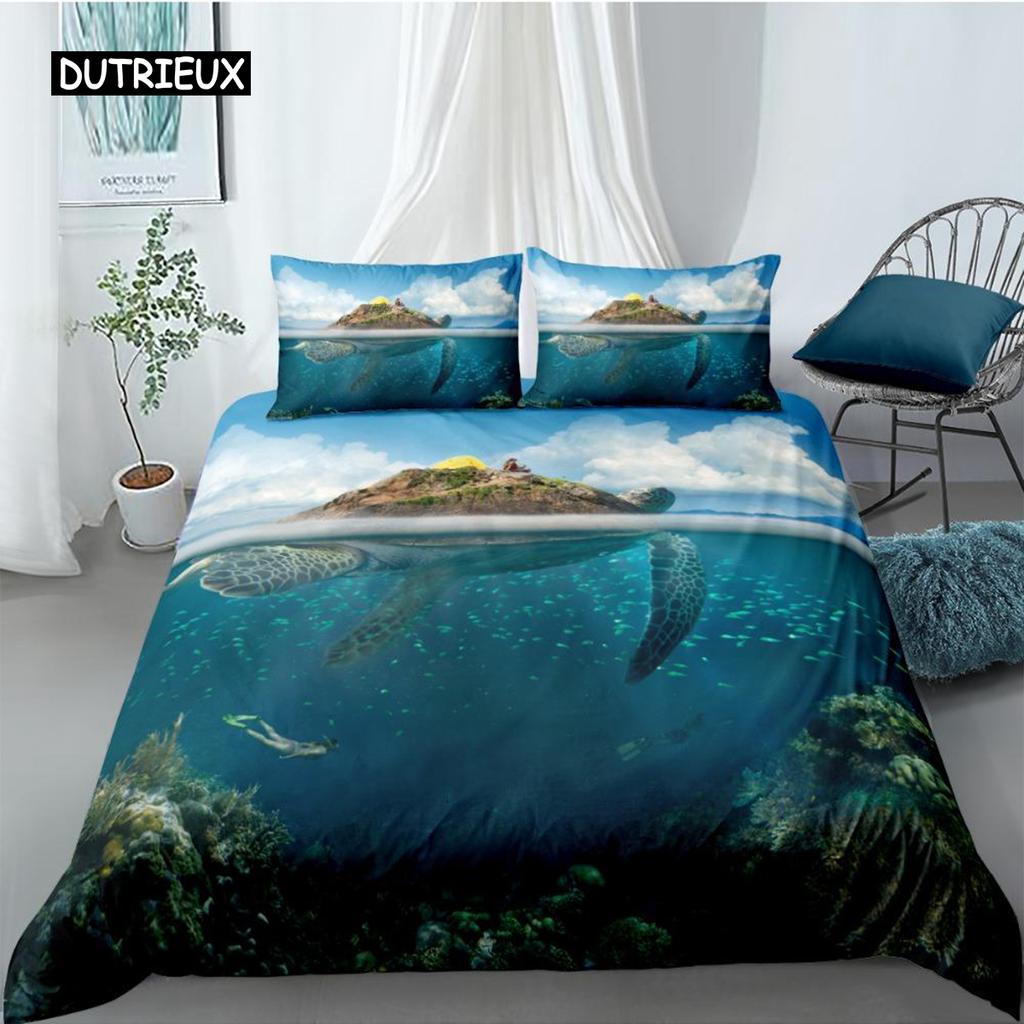Ocean Duvet Cover Set Queen Double Size Polyester Ocean Animals Fishes Tortoise and Rainbow Color Coral Printed Comforter Cover