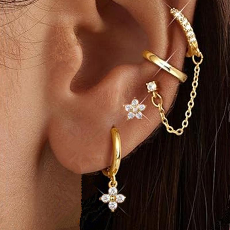 4PCS Double Piercing Chain Huggie Hoop Earring Lot For Women Tragus Stud Earrings Flower Cartilage Helix Jewelry Lobe Earing Set