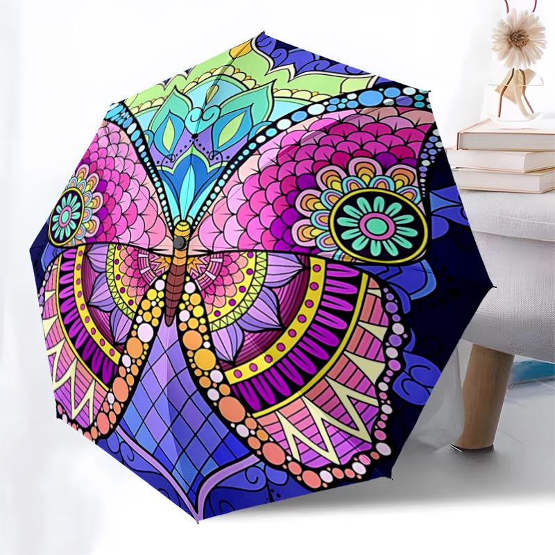 Colorful Butterfly Mandala Automatic Opening Folding Umbrella - Portable 3-Fold Design with 8-Bone Steel Frame, Perfect for Festivals, Trave