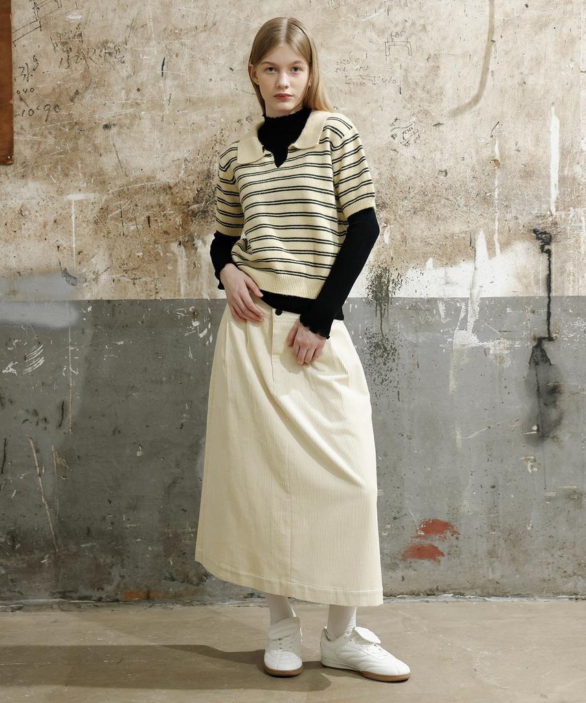 Waiowai Corduroy Double-Pleat Long Skirt_Ivory