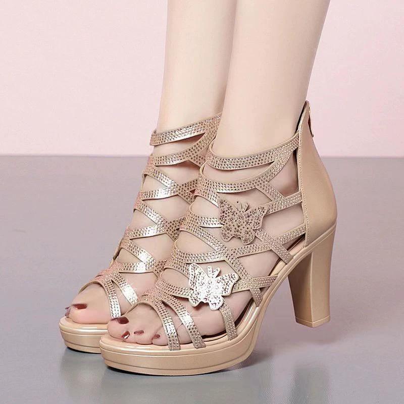 

2025 spring and summer new foreign trade Roman sandals butterfly hollow high heels women s shoes fish mouth shoes side trade cool slippers 40 золотий