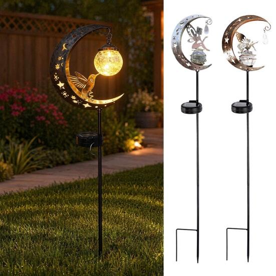 Hummingbird Moon Solar Light, Metal Crescent with Crackle Glass Ball Garden Stake, Solar Pathway Light for Yard Patio Lawn Outdoor Decor