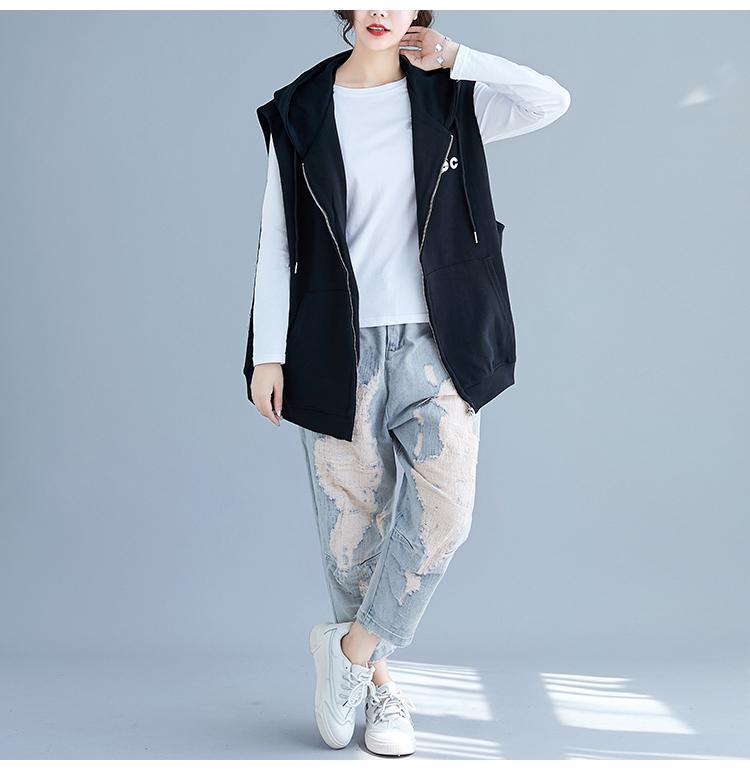Spring and Autumn Women's Plus-Size Vest Casual Loose Hooded Vest Cardigan Sweatshirt Vest Outerwear