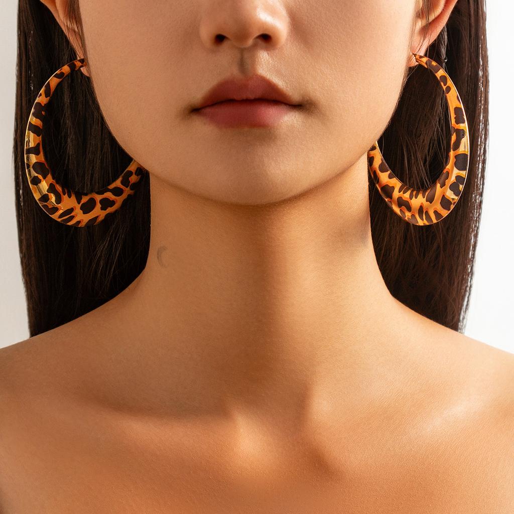 Exaggerated Spice Girl Style Leopard Print Big Earrings Earrings Design Sense Geometric Metal Circle Earrings Women