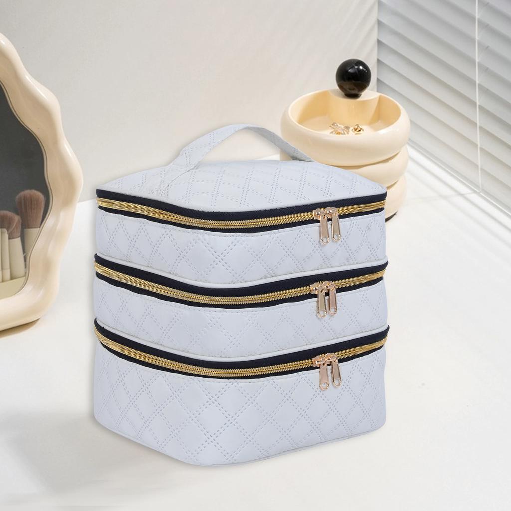 3-Layer Large Capacity Quilted Makeup Bag Organizer with Handles - Suitable for Travel and Home Organizer