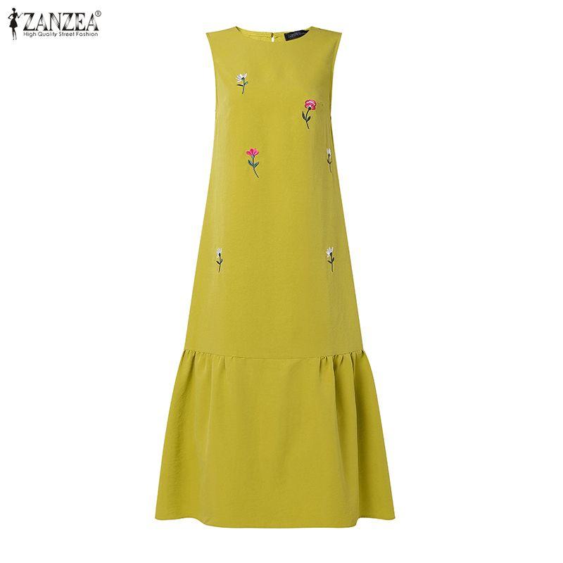 ZANZEA Women Casual Round Neck Loose Floral Embroidery Sleeveless Dress