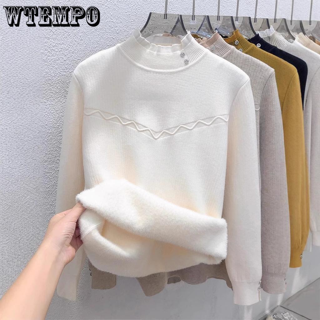 Women's Semi High Neck One-piece Velvet Pullover Sweater with Added Velvet Thickness Base Sweater Solid Color Casual Knit Sweater Autumn and Winter